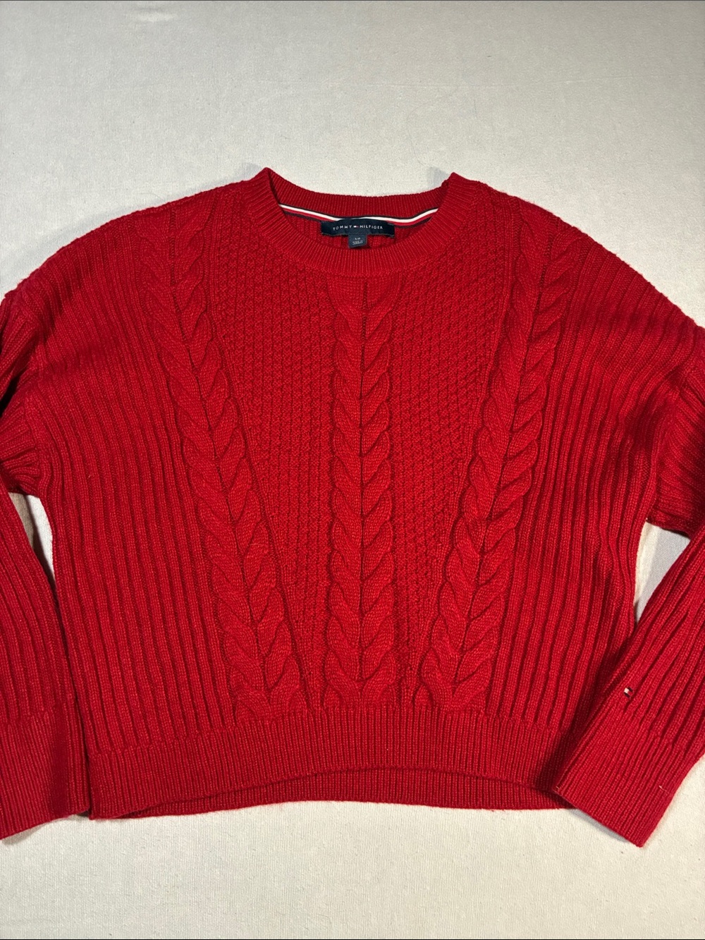 Tommy Hilfiger Bright Red Cable-Knit Crewneck Sweater